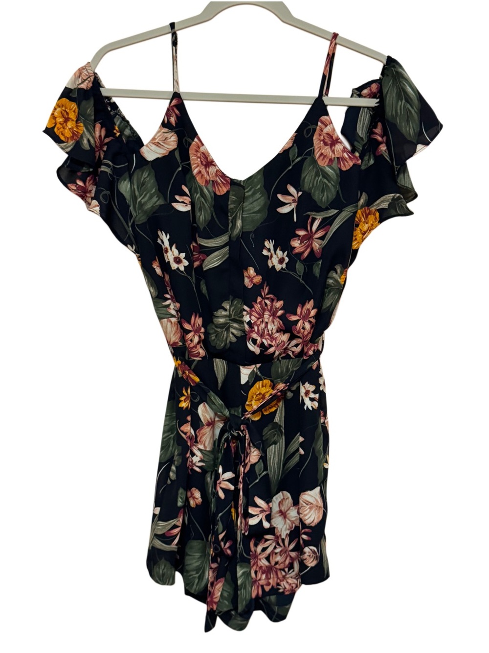 Cover Stitched Black Tropical Floral Off-Shoulder V-Neck Romper